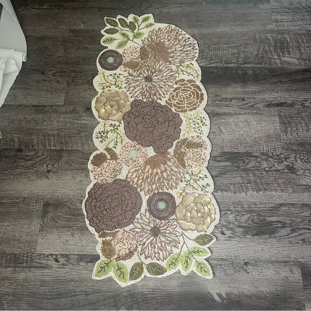 Pier 1 Imports Floral Beaded Table Runner Gold Green Brown Cream Peach Purple